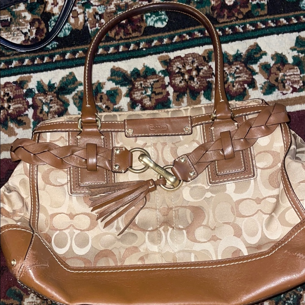 Coach Brown and Tan Shoulder Bag with Signature Monogram